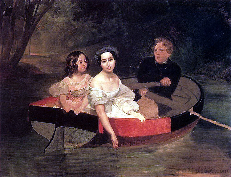 叶男爵夫人的自画像。N·梅勒-扎科梅尔斯卡娅和一个在船上的女孩 Self-portrait with Baroness Ye. N. Meller-Zakomelskaya and a Girl in a Boat (1833 - 1835),卡尔·布留洛夫