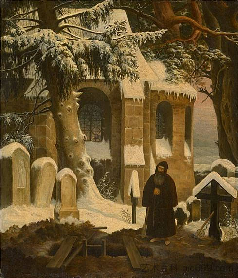 雪地里修道院的僧侣 Monk at an abbey in the snow，卡尔·弗里德里希·莱辛