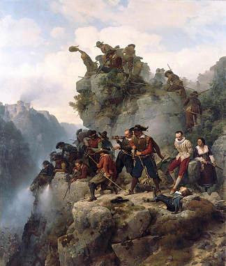 步枪手防守传球 Riflemen Defending a Pass (1851)，卡尔·弗里德里希·莱辛