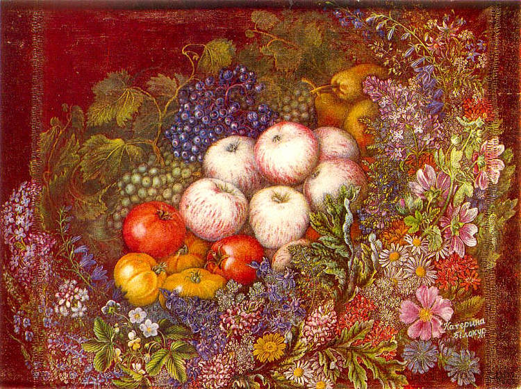 静物“花、苹果、西红柿” Still life "Flowers, apples, tomatoes" (1950)，卡特尼亚比洛克