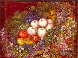 静物“花、苹果、西红柿” Still life “Flowers, apples, tomatoes” (1950)，卡特尼亚比洛克