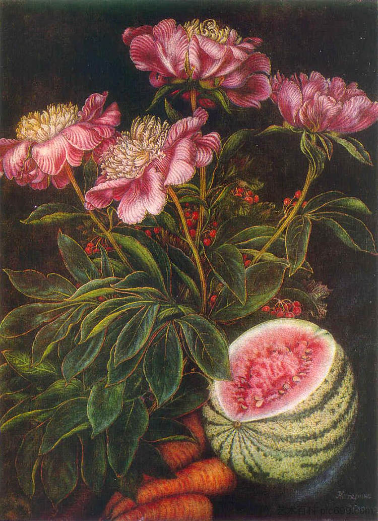 静物“西瓜，胡萝卜，花” Still life "Watermelon, carrots, flowers" (1951)，卡特尼亚比洛克