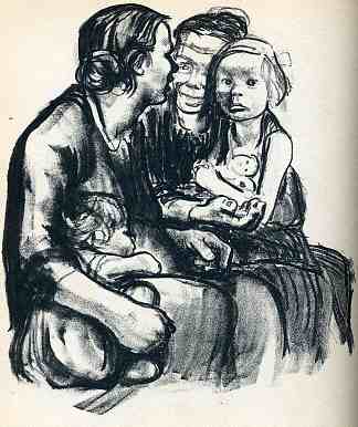 两个聊天的女人和两个孩子 Two Chatting Women with Two Children (1930)，凯绥·珂勒惠支