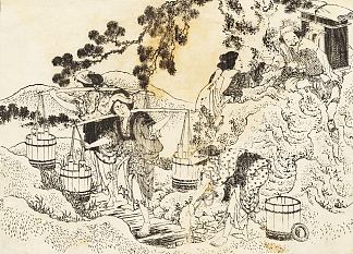 四名妇女非常努力地工作，提着大桶的水 Four women working very hard and carrying vats of water，葛饰北斋