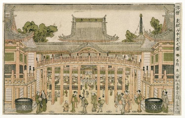 上野东英山寺院内 Inside the Courtyard of the Toeizan Temple at Ueno (1786)，葛饰北斋