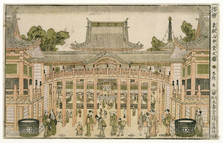 上野东英山寺院内 Inside the Courtyard of the Toeizan Temple at Ueno (1786)，葛饰北斋