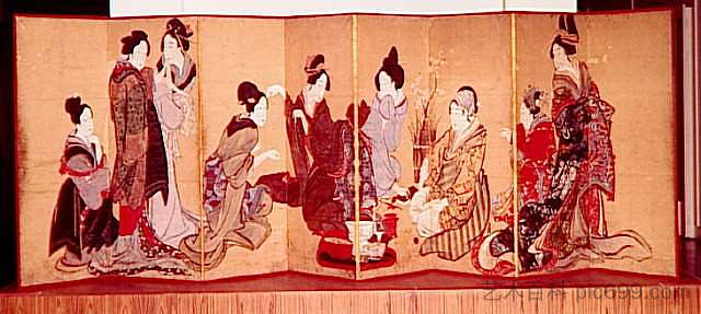 九个女人在玩狐狸游戏 Nine women playing the game of fox，葛饰北斋