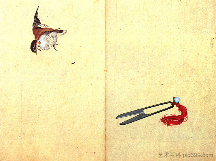 一对剪刀和麻雀 Pair of sissors and sparrow，葛饰北斋