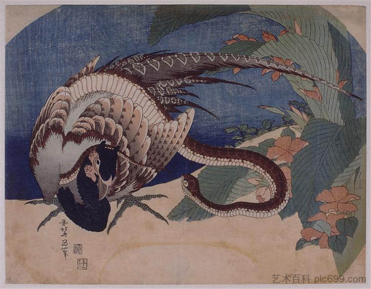 野鸡和蛇 Pheasant and Snake (1833)，葛饰北斋