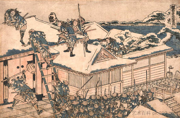 浪人袭击了基拉宅邸的正门 The ronin attack the principal gate of Kira's mansion,葛饰北斋