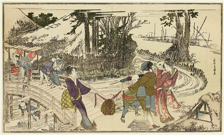 在花园里散步的女人 Women walking in a garden (1798)，葛饰北斋