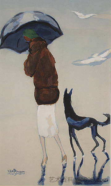 女人和狗在沙滩上散步 Woman with a dog walking on the beach (1937)，凯斯·凡·东根