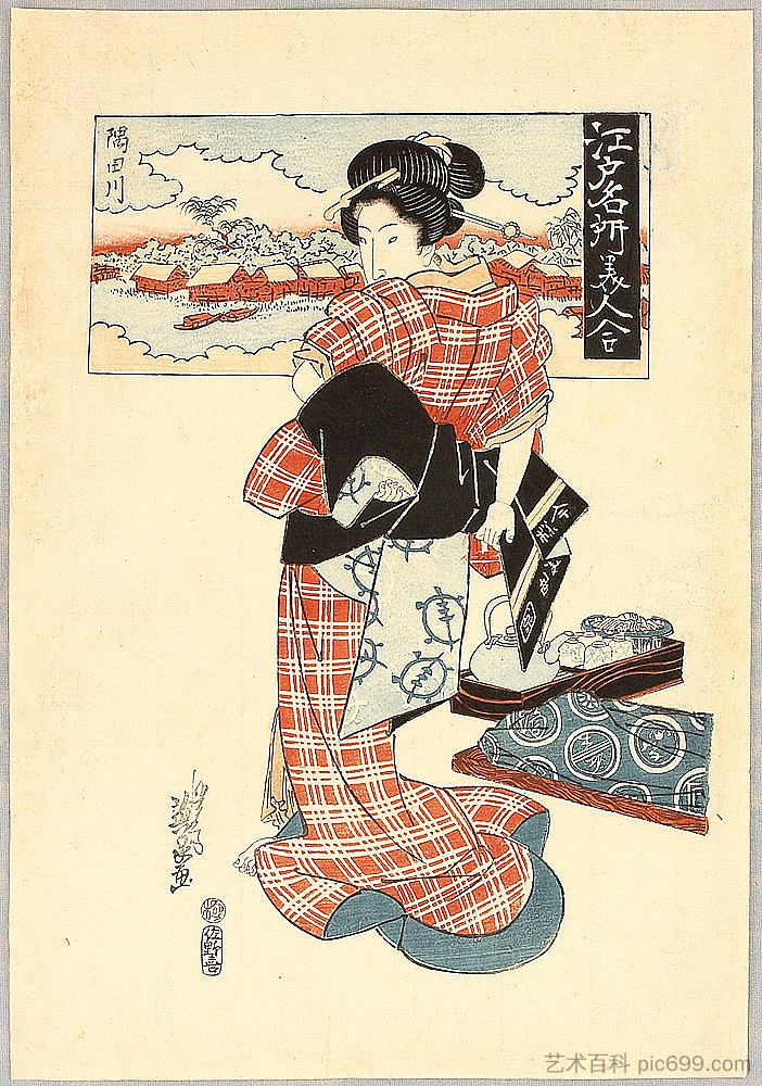 美丽与隅田川 - 江户明商美人泡濑 Beauty and Sumida River - Edo Meisho Bijin Awase (1820)，溪斋英泉