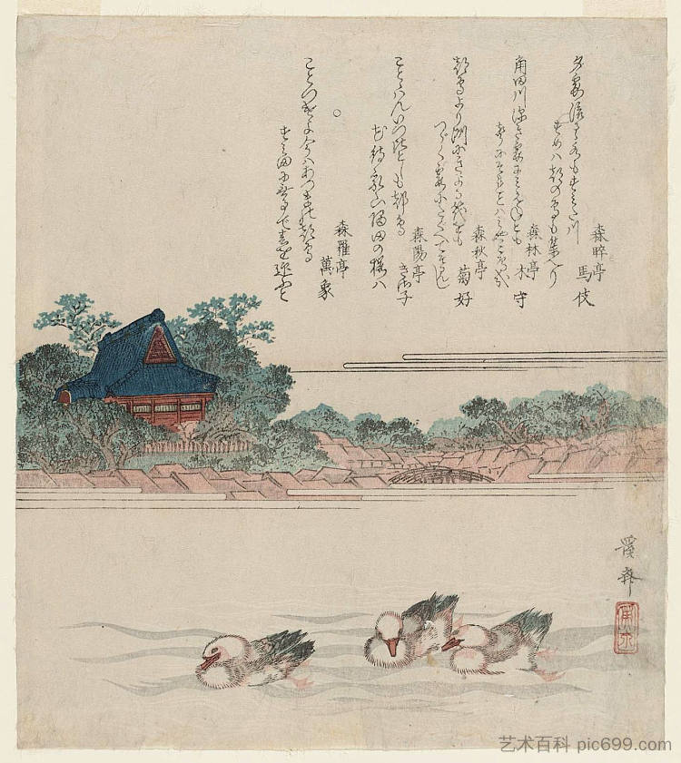 御玛雅堤的驹形道寺（御玛雅街） Komagata-dô Temple at Onmaya Embankment (Onmaya-gashi) (1820)，溪斋英泉