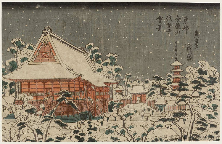 东都金龙山浅草寺的雪景 Snow Scene at Sensô-ji Temple at Kinryûzan in the Eastern Capital，溪斋英泉