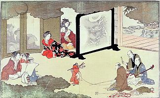 在贵族家中表演的驯猴师， A monkey trainer performing at a noblemans house, (c.1788)，喜多川歌麿