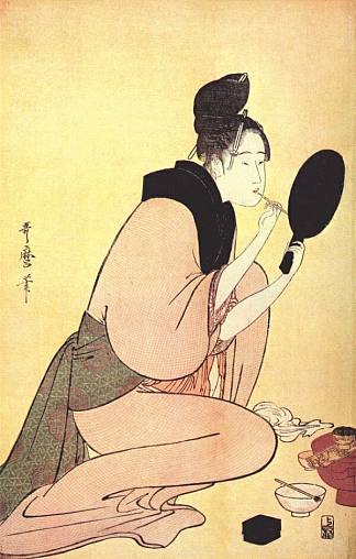 涂抹唇胭脂 Courtesan applying lip rouge，喜多川歌麿