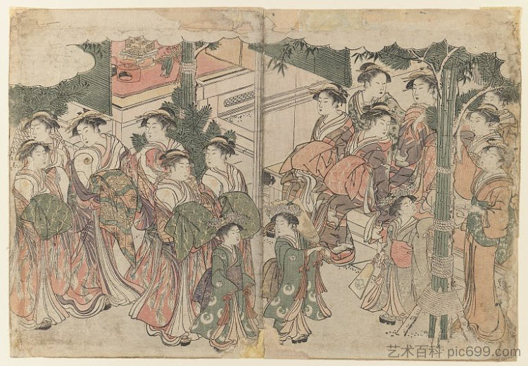 新年祭司的随行人员 Courtesan`s Entourage at New Year`s Festival (1782 - 1788)，喜多川歌麿