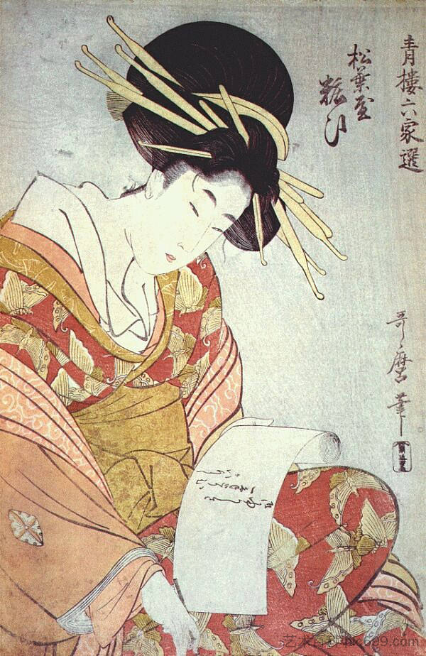 写信 Courtesan writing a letter，喜多川歌麿