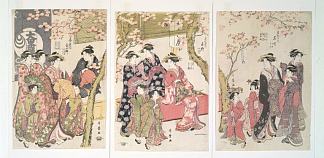 在大鼓前的樱花树下漫步 Courtesans Strolling Beneath Cherry Trees Before the Daiko (c.1789)，喜多川歌麿