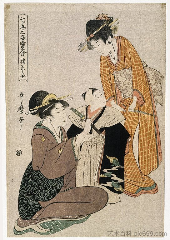 在男孩第一次让头发长的时候给他穿衣服 Dressing a Boy on the Occasion of His First Letting His Hair Grow (c.1795)，喜多川歌麿