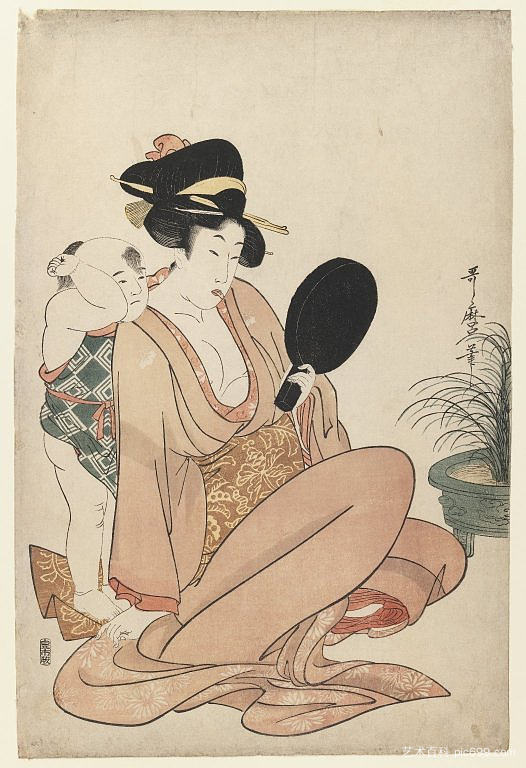 母亲和孩子凝视着手镜 Mother and Child Gazing at a Hand Mirror (1794 - 1805)，喜多川歌麿