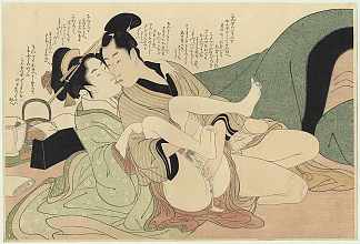 年轻的与她的情人 Young courtesan with her lover (1799)，喜多川歌麿