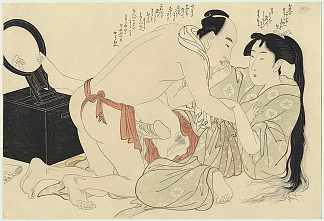 一个男人打断女人梳理她的长发 A man interrupts woman combing her long hair (1799)，喜多川歌麿