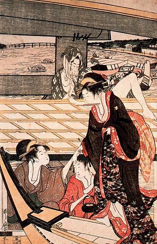 桥上的一幕 A scene on the bridge (c.1797)，喜多川歌麿
