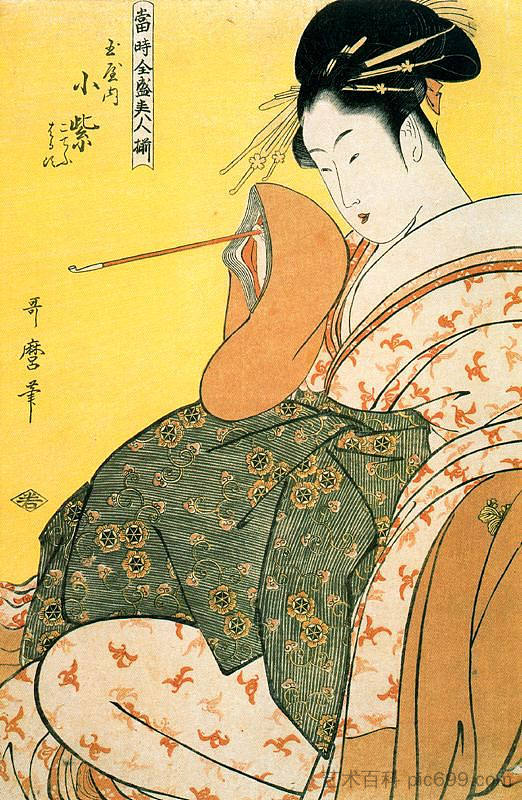 玉屋的小村崎手里拿着烟斗 Komurasaki of the Tamaya with pipe in hand (1794),喜多川歌麿