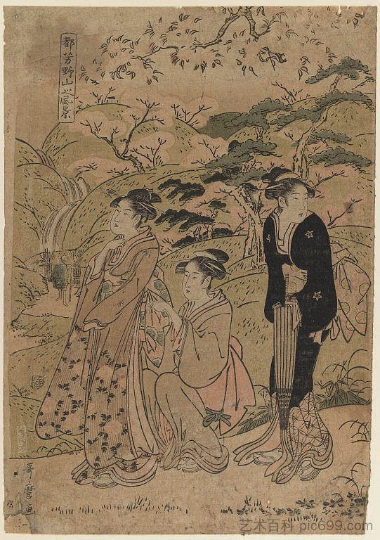 三位在樱花中漫步 Three Courtesans Stroll Amidst Cherry Blossoms (1797 - 1803)，喜多川歌麿