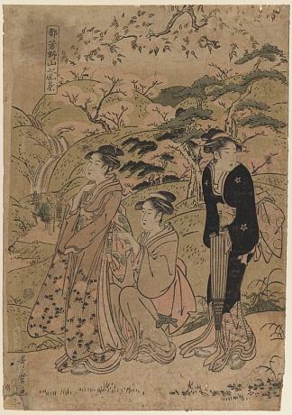 三位在樱花中漫步 Three Courtesans Stroll Amidst Cherry Blossoms (1797 – 1803)，喜多川歌麿