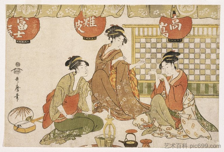 三位提着灯笼的坐着的女士 Three Seated Ladies with Lanterns，喜多川歌麿