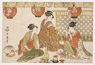 三位提着灯笼的坐着的女士 Three Seated Ladies with Lanterns，喜多川歌麿