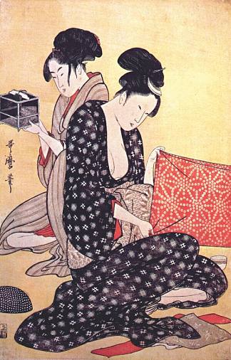 制作连衣裙的妇女 Women making dresses，喜多川歌麿