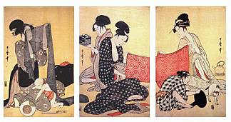 制作连衣裙的妇女 Women making dresses，喜多川歌麿