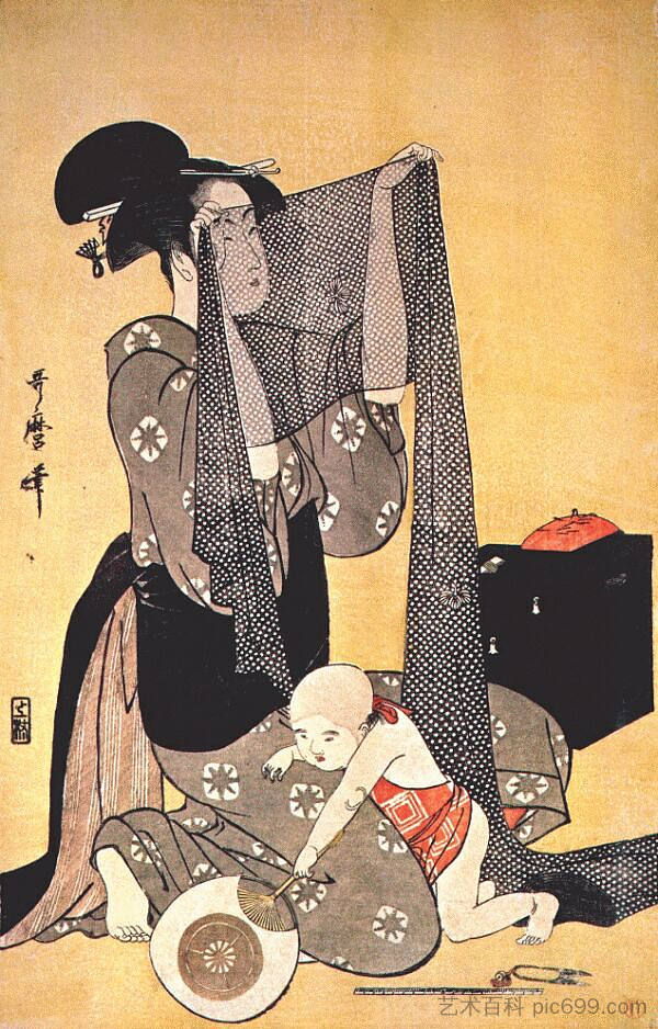 制作连衣裙的妇女 Women making dresses,喜多川歌麿