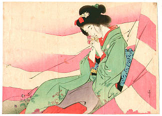 粉红色和白色窗帘中的美人 Bijin in pink and white curtain (1903)，镝木清方