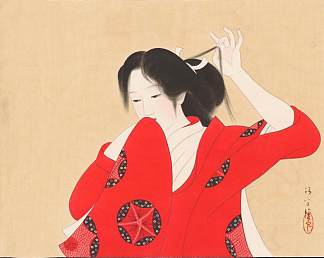 穿着红色和服的美人 Bijin in Red Kimono，镝木清方