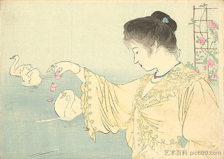 女人和白天鹅 Woman and white swans (1906)，镝木清方