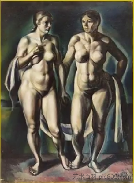 两个站立的裸体与帷幔 Two Standing Nudes with Drapery (1918; Hungary  )，卡梅第·亚诺什