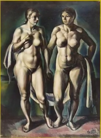两个站立的裸体与帷幔 Two Standing Nudes with Drapery (1918; Hungary                     )，卡梅第·亚诺什