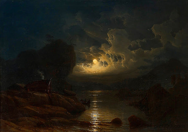 月光下的沿海景观 Coastal Landscape with crowds of Moonlight (1852)，克努德巴德