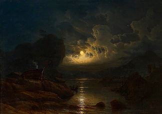 月光下的沿海景观 Coastal Landscape with crowds of Moonlight (1852)，克努德巴德