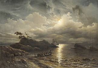 月光下的挪威海岸 Norwegian Shore in Moonlight (1851)，克努德巴德