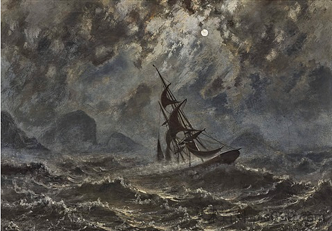 满月下暴风雨海上的帆船 Sailboat on stormy sea under full moon，克努德巴德