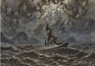 满月下暴风雨海上的帆船 Sailboat on stormy sea under full moon，克努德巴德