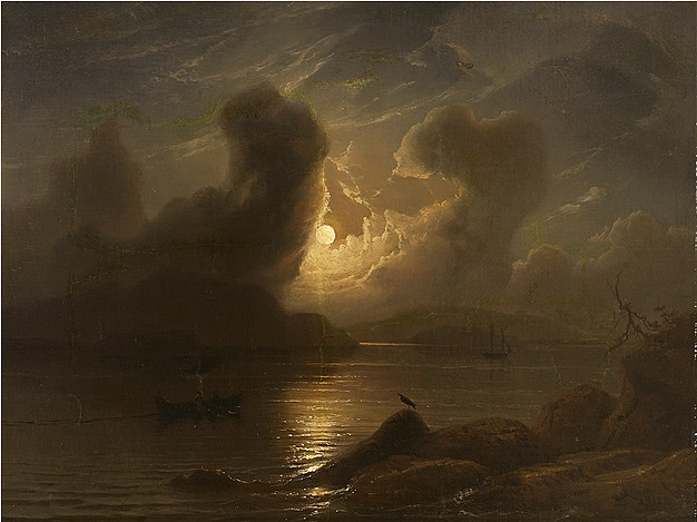 河景满月与钓鱼和帆船 Full moon over river landscape with fishing and sailing boat (1852)，克努德巴德