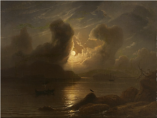 河景满月与钓鱼和帆船 Full moon over river landscape with fishing and sailing boat (1852)，克努德巴德
