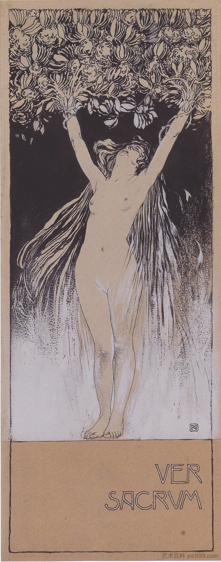 Ver Sacrum的寓言,Ver Sacrum的插图草图,101 1898,第1页 Allegory of Ver Sacrum, sketch of illustration to Ver Sacrum, 101 1898, p.1 (1897),科罗曼·莫塞尔